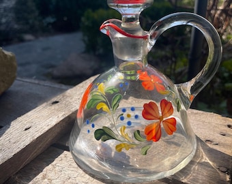 Flacon carafe glass bottle with glass stopper, great old carafe liqueur bottle glass design 50s decor glass bottle flower decor bottle