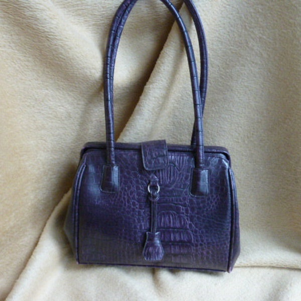 Handtasche, Kroko-Optik, Aubergine,Vintage