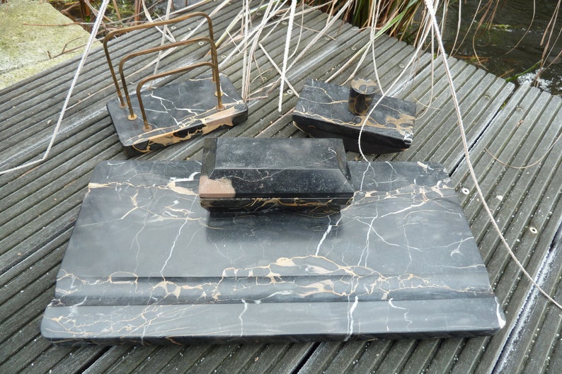 Art Deco Black Marble Desk Set Ink Barrel Letter Holder Image 0