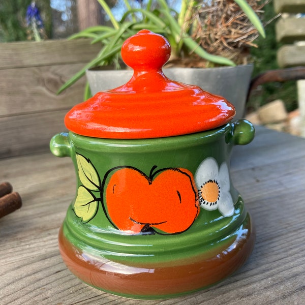 vintage Zeller Pot à sucre en céramique années 70 EDEN Rétro Mid Century Shabby Pomme Vert Rouge Orange