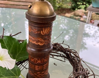 Vintage wooden pepper mill spice grinder with brass hand crank carving decoration