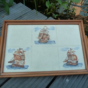 Tray Serviertablett Ceramic Tile Wood Sailing Ship