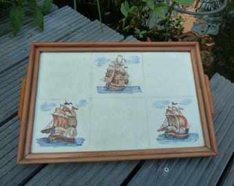 Tray Serviertablett Ceramic Tile Wood Sailing Ship