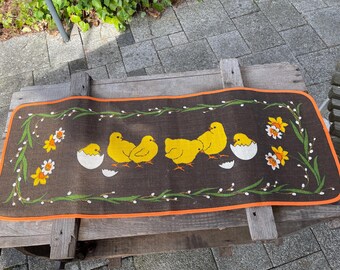 Jute table runner, Easter chicks, Easter eggs, vintage 70s, yellow-brown, Walterscheid, West Germany