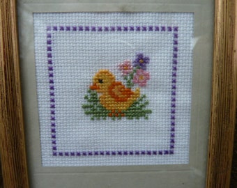 embroidery, cross stitch, Easter, chick, flowers, wood,