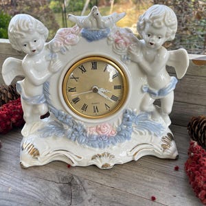 Vintage Cherub Ceramic Quartz Table Clock Mantel Clock Putti Desk Clock VICTORIAN Style Gager Quartz Movement