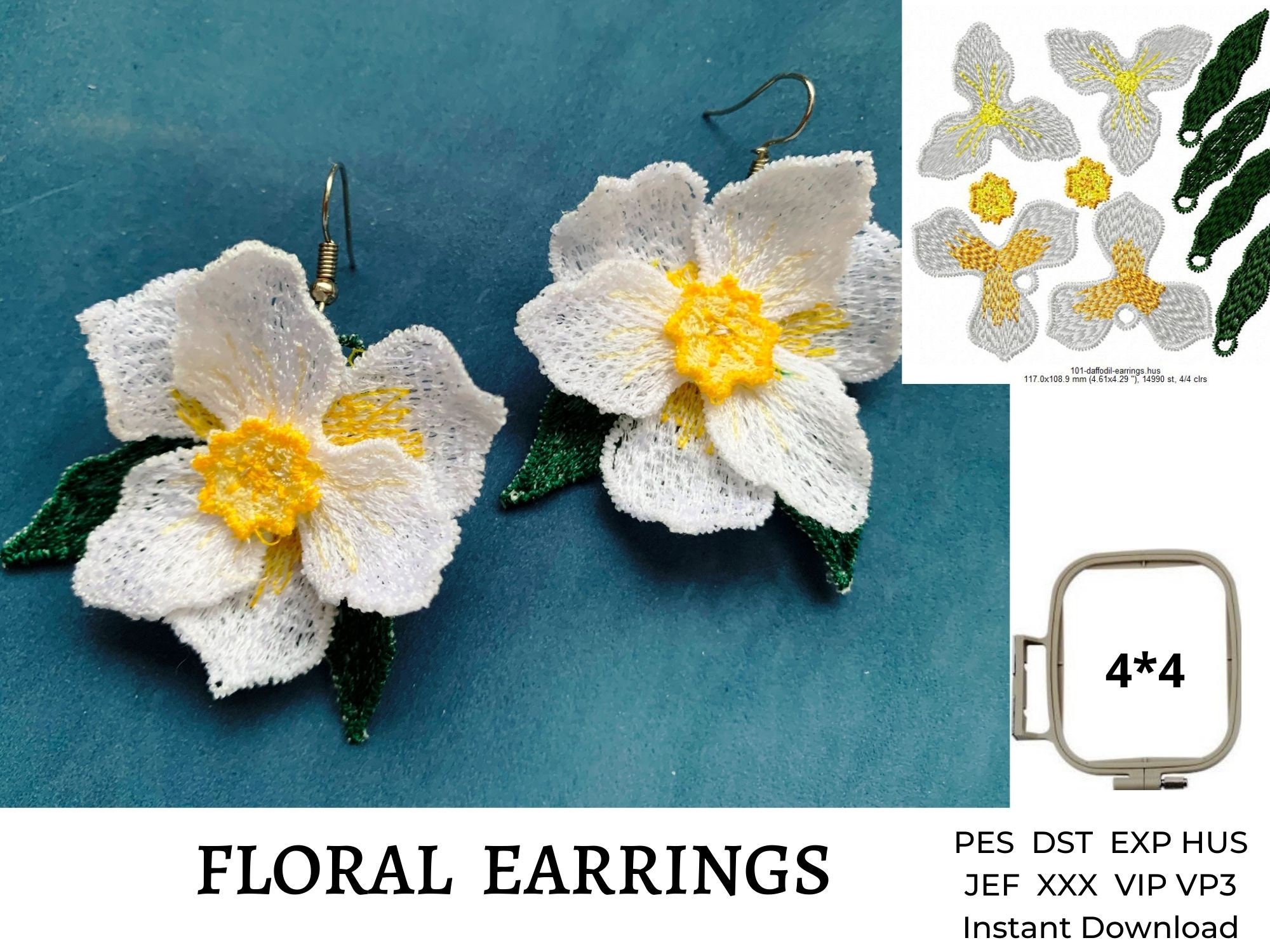 Floral earrings embroidery design daffodil flower machine  etsy Floral earrings embroidery design daffodil flower machine  etsy