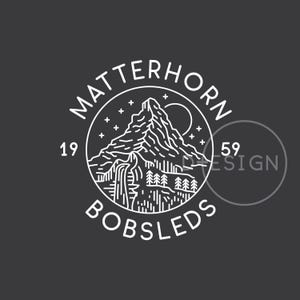 May include: A white line art design on a dark gray background. The design features a mountain scene with the text "Matterhorn Bobsleds" in a circular arrangement. The year "1959" is also included.