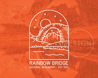 May include: Line art illustration of Rainbow Bridge National Monument in Utah. The illustration depicts the natural sandstone arch bridge over a river with mountains in the background. The text "Rainbow Bridge National Monument - Est. 1910" is below the illustration.