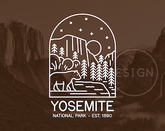May include: A line art illustration of a bear in Yosemite National Park. The illustration features a bear standing by a river, with a mountain range and trees in the background. The text "Yosemite National Park - Est. 1890" is below the illustration.