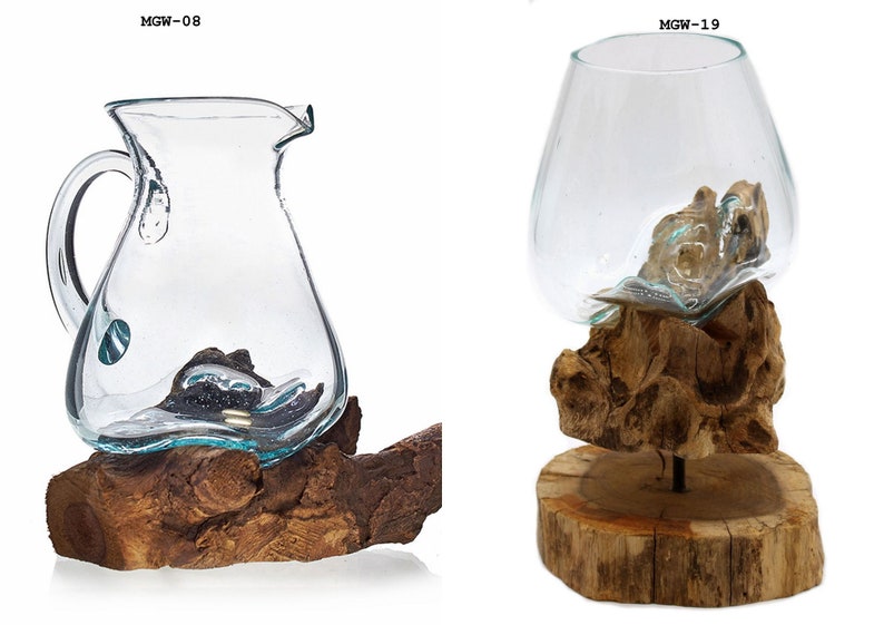 Vaso caraffa in vetro fuso su legno in varie finiture MGW-08