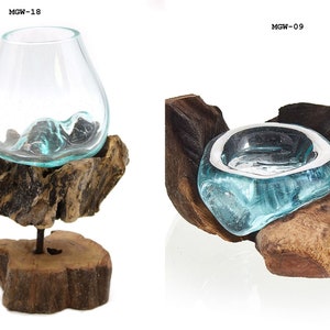 Vaso caraffa in vetro fuso su legno in varie finiture MGW-09