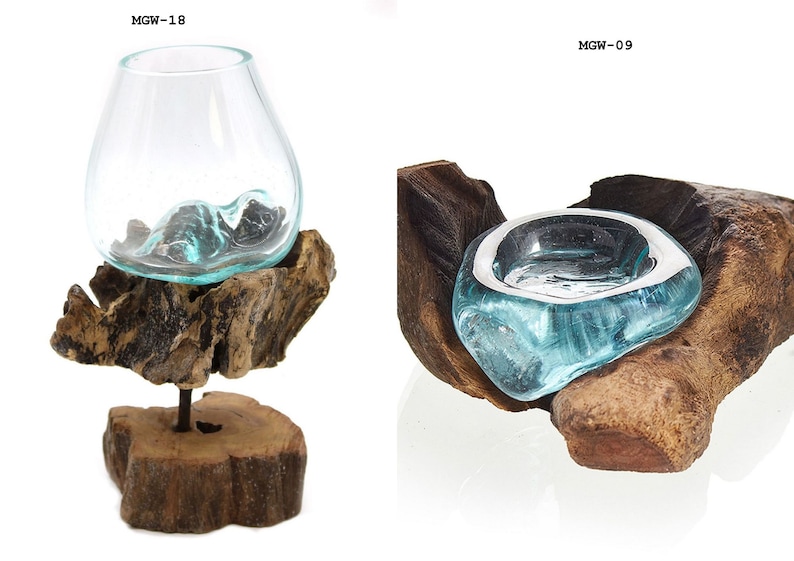 Vaso caraffa in vetro fuso su legno in varie finiture MGW-09