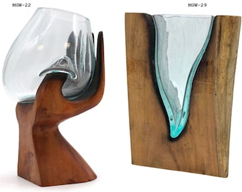 Vaso caraffa in vetro fuso su legno in varie finiture