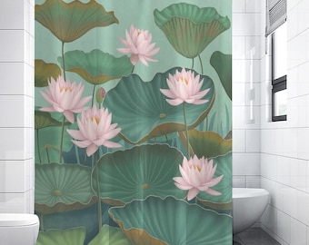 Water Lily Extra Long Shower Curtain | Botanical Bathroom Decoration | Vintage Green Floral Print |