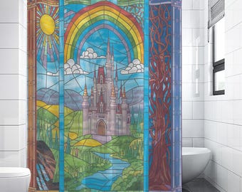 Castlecore Stained Glass Long Shower Curtain | Fantasy Bathroom Decor | Princess Castle Bathtub Curtain