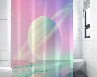 Saturn Shower Curtain | Vaporwave Bathroom Decoration | Custom Shower Curtain | Purple Pink Shower Curtain