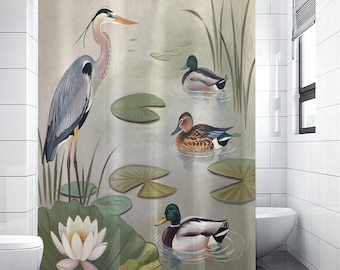 Water Lily Extra Long Shower Curtain |  Birds Bathroom Decoration | Vintage Ducks Heron Print |