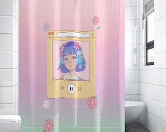 Pastel Vaporwave Shower Curtain | Kawaii Anime Girl Decoration |  | Future Aero Bathroom | Gradient Curtain