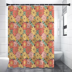 Groovy Flowers Extra Long Shower Curtain | Retro Orange Floral 1970s Decor | Funky Botanical Bathroom