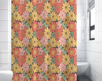 Groovy Flowers Extra Long Shower Curtain | Retro Orange Floral 1970s Decor | Funky Botanical Bathroom
