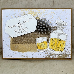 Karte Kraftpapier Whisky Natur Zeit Gold Feder Jute unikat