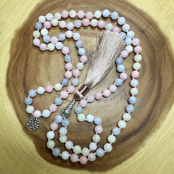 Morganite Japa Mala  108  Beads Necklace - 8mm / Tibetan Prayer / Handmade knotted