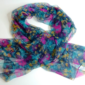 Scarf/shawl floral print dark blue - colorful 100% silk/chiffon 105 X 160
