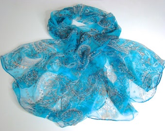 Scarf/cloth turquoise with paisley pattern 100% silk/chiffon