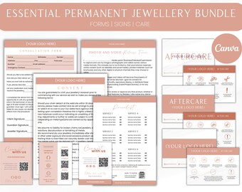 Puede incluir: Un conjunto de formularios y carteles imprimibles para un negocio de joyería permanente. Los formularios incluyen un formulario de consulta, un formulario de consentimiento e instrucciones de cuidado posterior. Los carteles incluyen una lista de precios y un cartel de "Conéctate con nosotros" con un código QR.