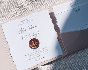 Wedding invitation torn, handmade paper like, pocket folder