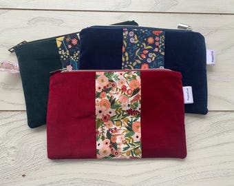 Velvet Makeup Pouch: Floral Accent, Cotton Lining