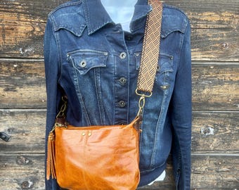 Cognac Leather Handbag / Crossbody Bag Size Small