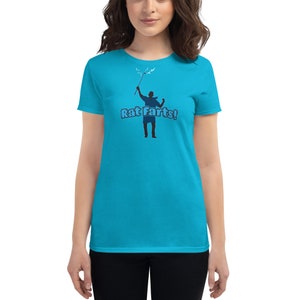 May include: A turquoise blue women's t-shirt with a silhouette of a person holding a lightning bolt and the text "Rat Farts!" in blue.