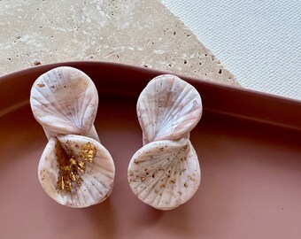 Sculptural pleated petal ear studs in marbled aesthetic