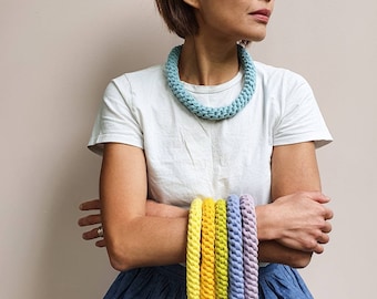 Powder blue knotted textile necklace with magnet clasp, recycled textile necklace, lightweight statement necklace, sustainable accessory