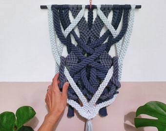 Indigo and ice blue knotted soft sculpture 3-dimensional macrame art. "Indigo dip", 61cm long and 40cm wide. Unique macrame wall hanging