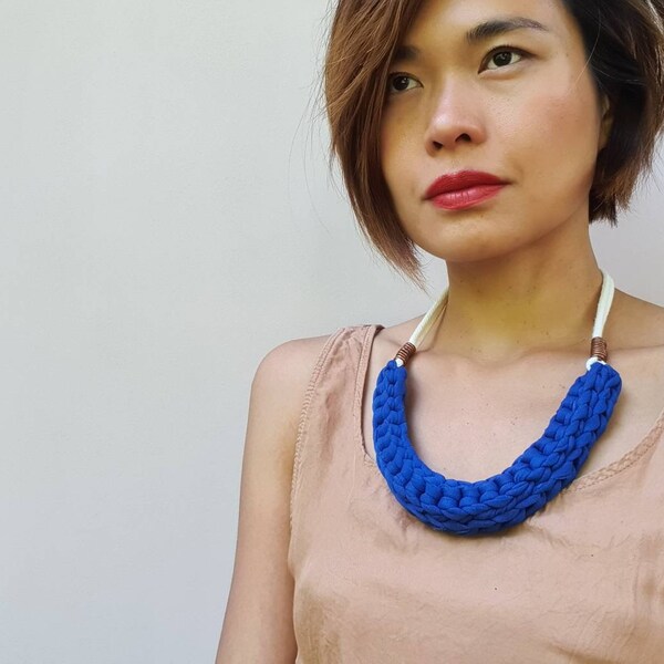 Cobalt blue chunky collar textile necklace, chunky crochet necklace, recycled textile jewelry, statement collar, christmas gift for women