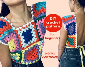 Granny square open-back summer top DIY crochet pattern