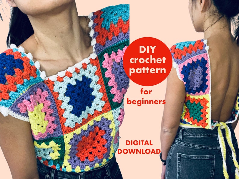 Granny square open-back summer top DIY crochet pattern image 1