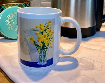 Daffodil Mug Ceramic 11oz White Yellow Welsh Dragon Springtime Artist Design Floral Tea Coffee Cup Wales Gift Botanical Spring Flowers Vase
