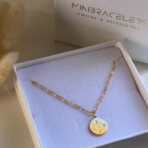 Personalized gold plate necklace with 13 mm engraved pendant | personalized letter necklace | engraved necklace with four letters