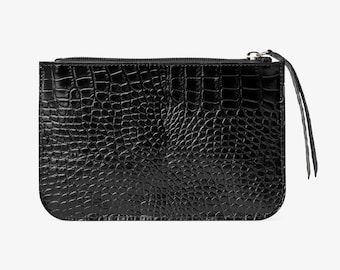 Womens Leather Pouch Makeup bag Clutch bag Leather Black cosmetic bag Coin Croco embossed Organizer purse for handbag Slim Large