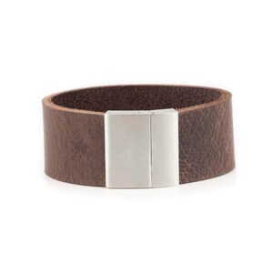 Dark Brown Leather Mens Wristband Stainless Steel Clasp - Cuff Handmade Wristband - For Him - For Guys - Stainless Steel Clasp Magnetic
