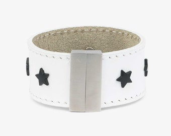 White Leather Bracelet - Black Star Bracelet - White Bracelet - Studded Leather Bracelet - Leather Cuff Bracelet - Magnetic Clasp