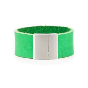 Bright Green Guys Bracelets Leather Soft Handmade - Cuff Handmade Wristband - For Him - For Men - Stainless Steel Clasp Magnetic