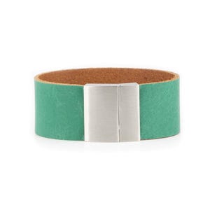 Green Wide Mens Leather Bracelet Handmade - Cuff Handmade Wristband - For Him - For Guys - Stainless Steel Clasp Magnetic