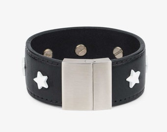 Mens Leather Bracelet - Studded Leather Bracelet - White Star Bracelet - Black Leather Cuff Bracelet - Men Leather Silver Bracelet