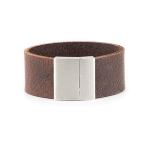 Dark Brown Leather Bracelet Handmade Silver Steel Clasp - Cuff Handmade Wristband - For Him - For Guys - Stainless Steel Clasp Magnetic