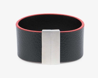 Black Leather Cuff Bracelet - Mens Leather Bracelet - Cuff Bracelet Men - Leather Mens Bracelet - Black Bracelet Womens - Red Edges